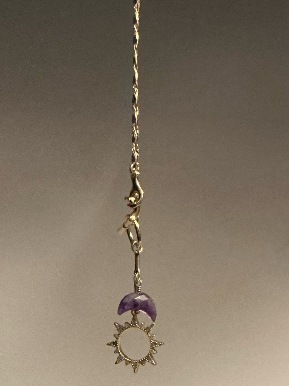 Gold Sun Charm Necklace with amethyst Crescent Accent